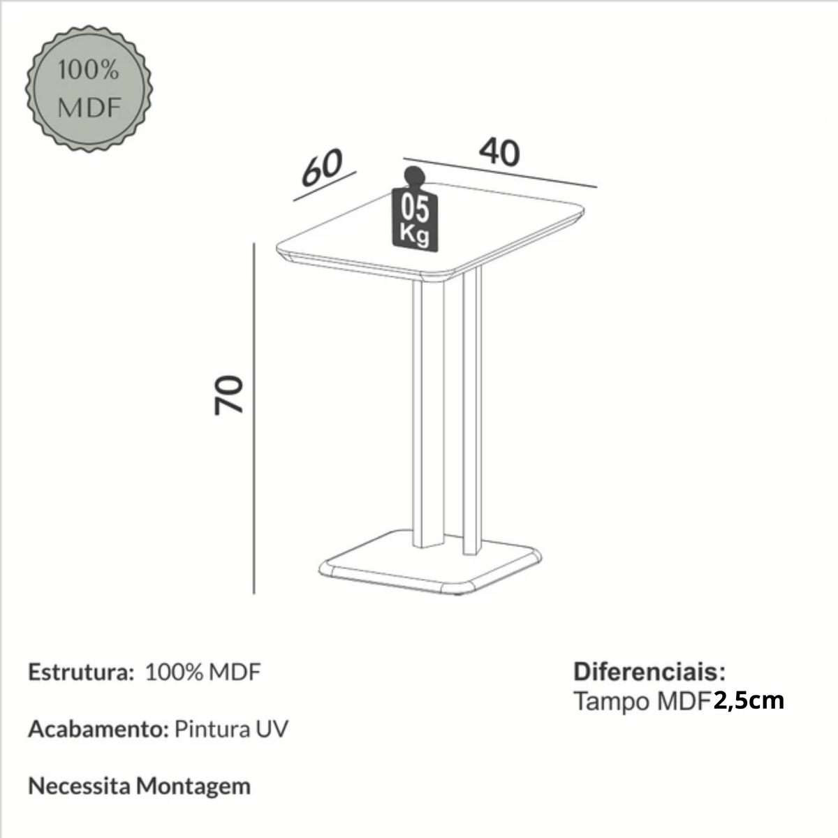 Mesa de Apoio TB639 Dalla Costa 60cm 100% MDF Carvalho Rosé