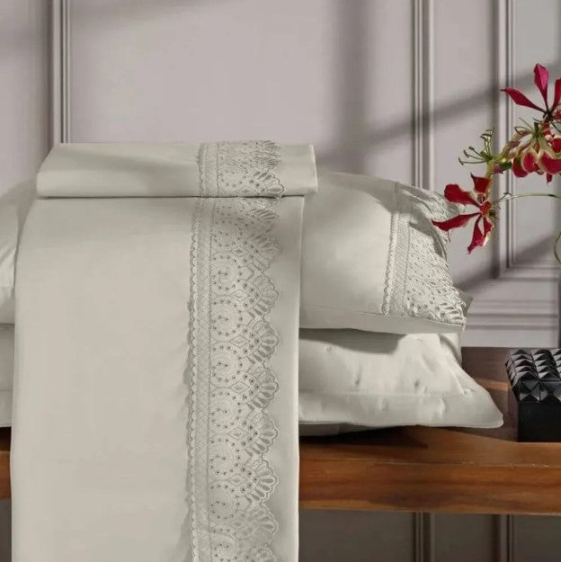 Jogo de Roupa de Cama King 4 Peças Hedrons Rendas Toque de Algodão Antilope