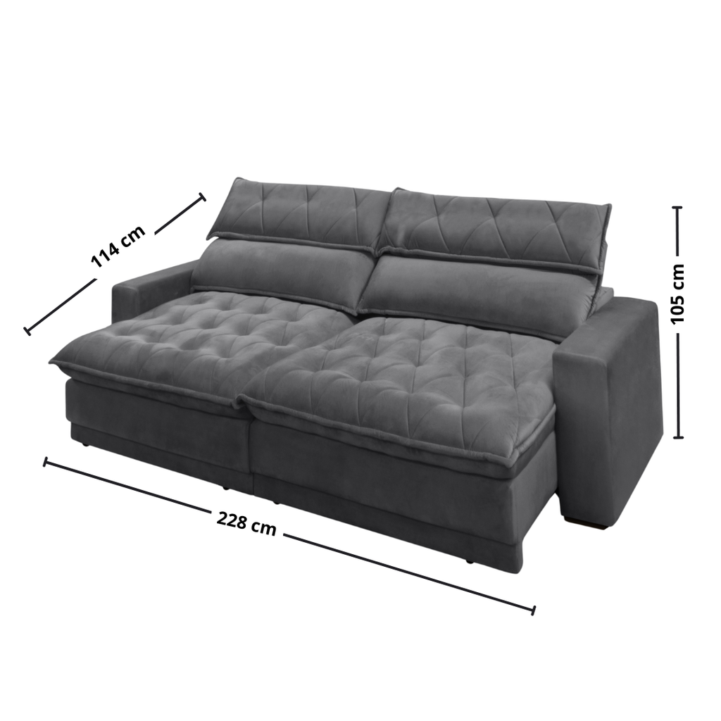 Sofá Albany 228cm Matielo 2 Assentos Retráteis com Encostos Reclináveis Veludo Cinza