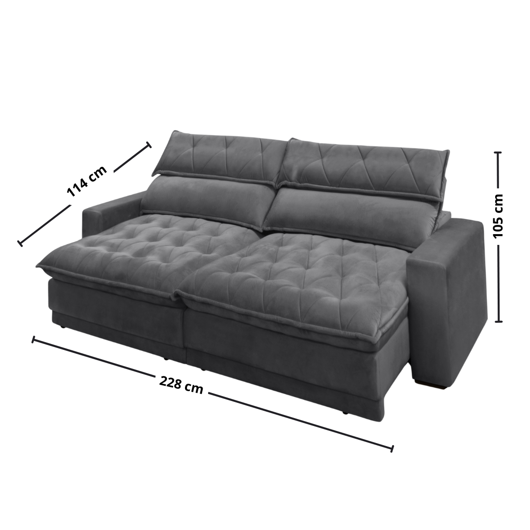 Sofá Albany 228cm Matielo 2 Assentos Retráteis com Encostos Reclináveis Veludo Cinza