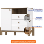 Cômoda Ternura Henn 110cm 1 Porta 3 Gavetas Branco e Jequitibá