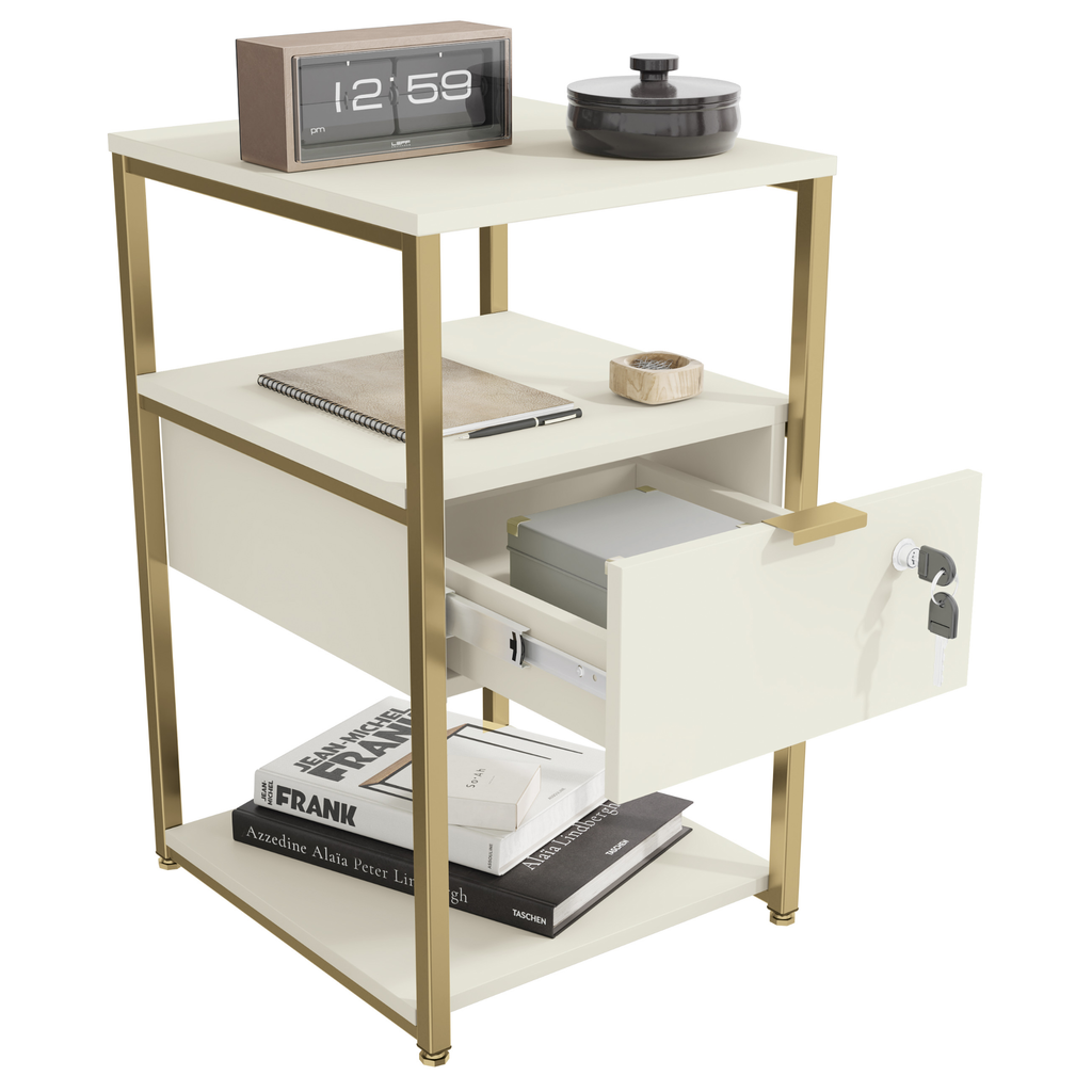 Mesa de Cabeceira Industrial Kappesberg LI046 Off White e Dourado