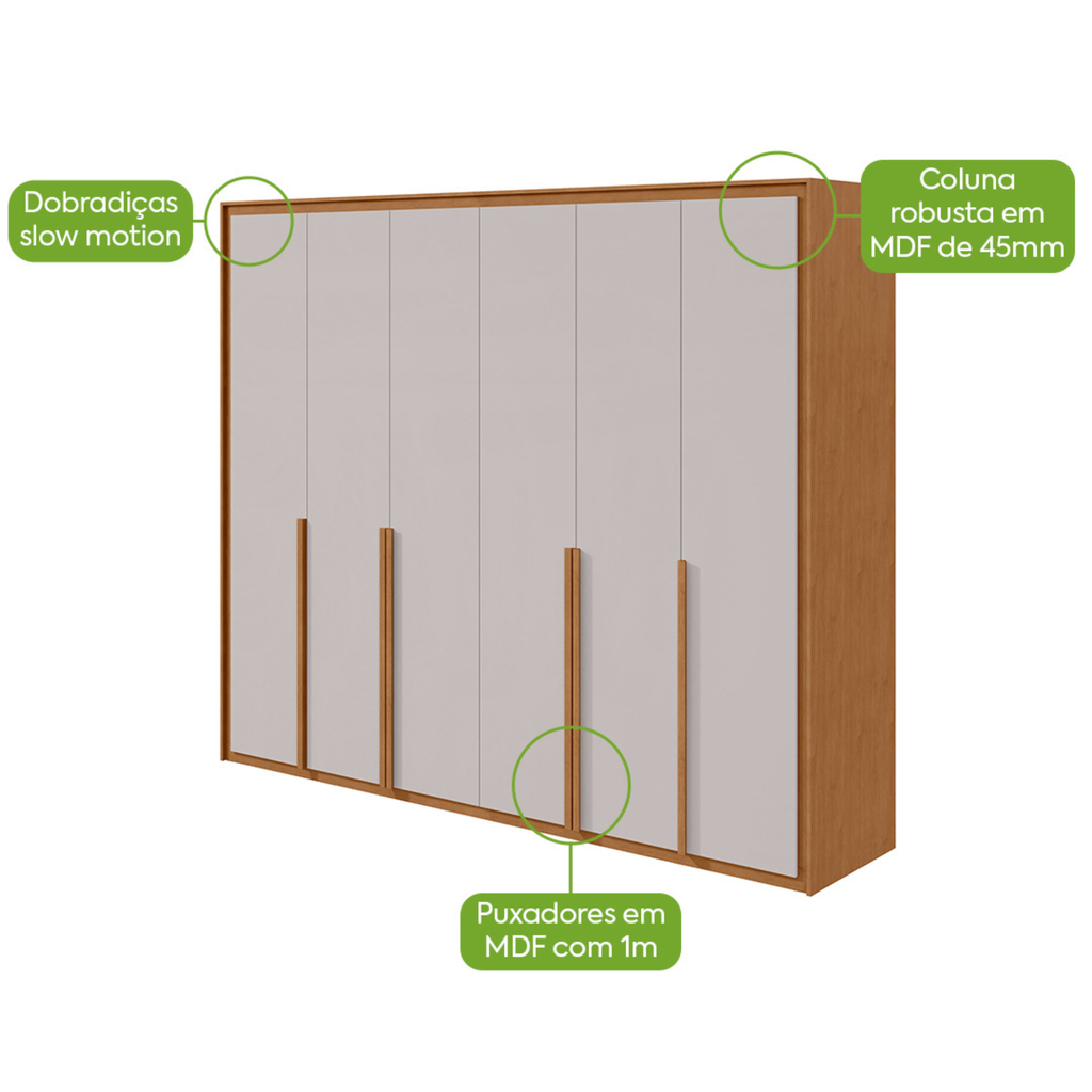 Roupeiro Imperatore Lopas  274cm 100% MDF 6 Portas com Puxador em Madeira Amêndoa e Off White