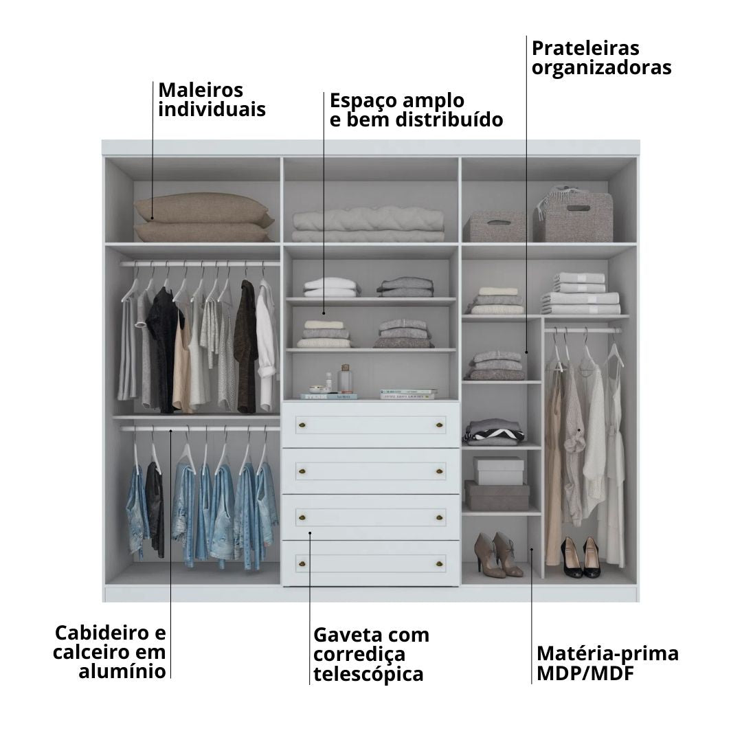 Roupeiro Americano Henn 262cm 6 Portas 4 Gavetas Branco
