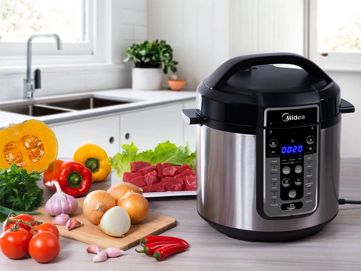Panela de Pressão Elétrica Midea 6L Digital MasterSteam PPG70S2 Inox/Preto 220V