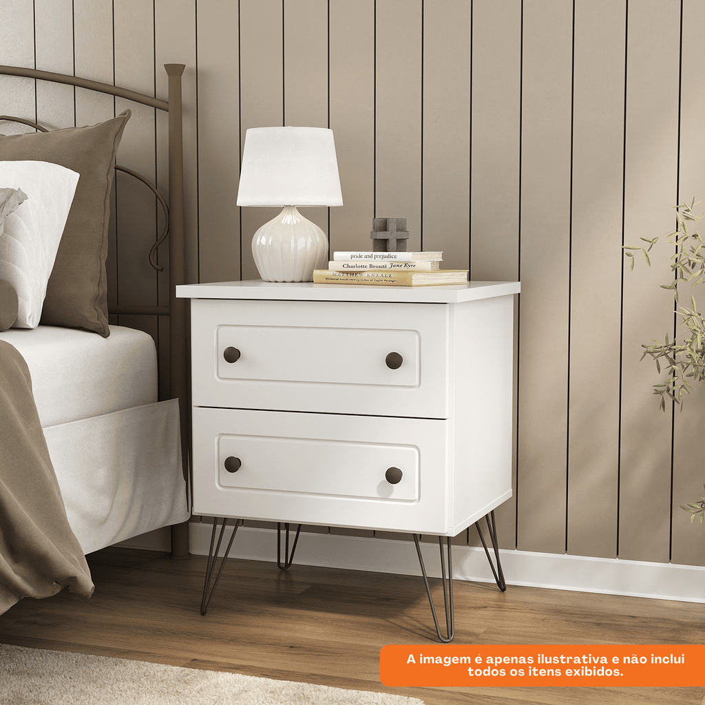 Mesa de Cabeceira Fort Mambel 100% MDF 2 Gavetas Branco