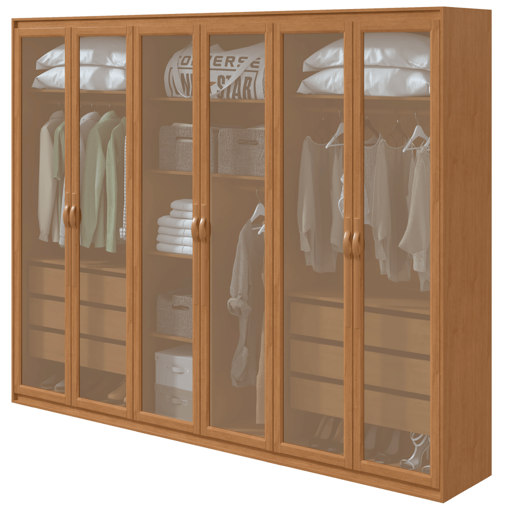 Roupeiro Suavitá Glass Lopas 270cm 100% MDF 6 Portas com Vidro Reflecta e LED Amêndoa Clean