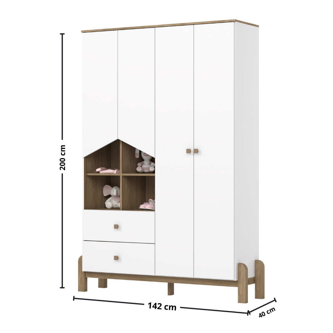 Roupeiro Ternura Henn 142cm 4 Portas 2 Gavetas Branco e Jequitibá