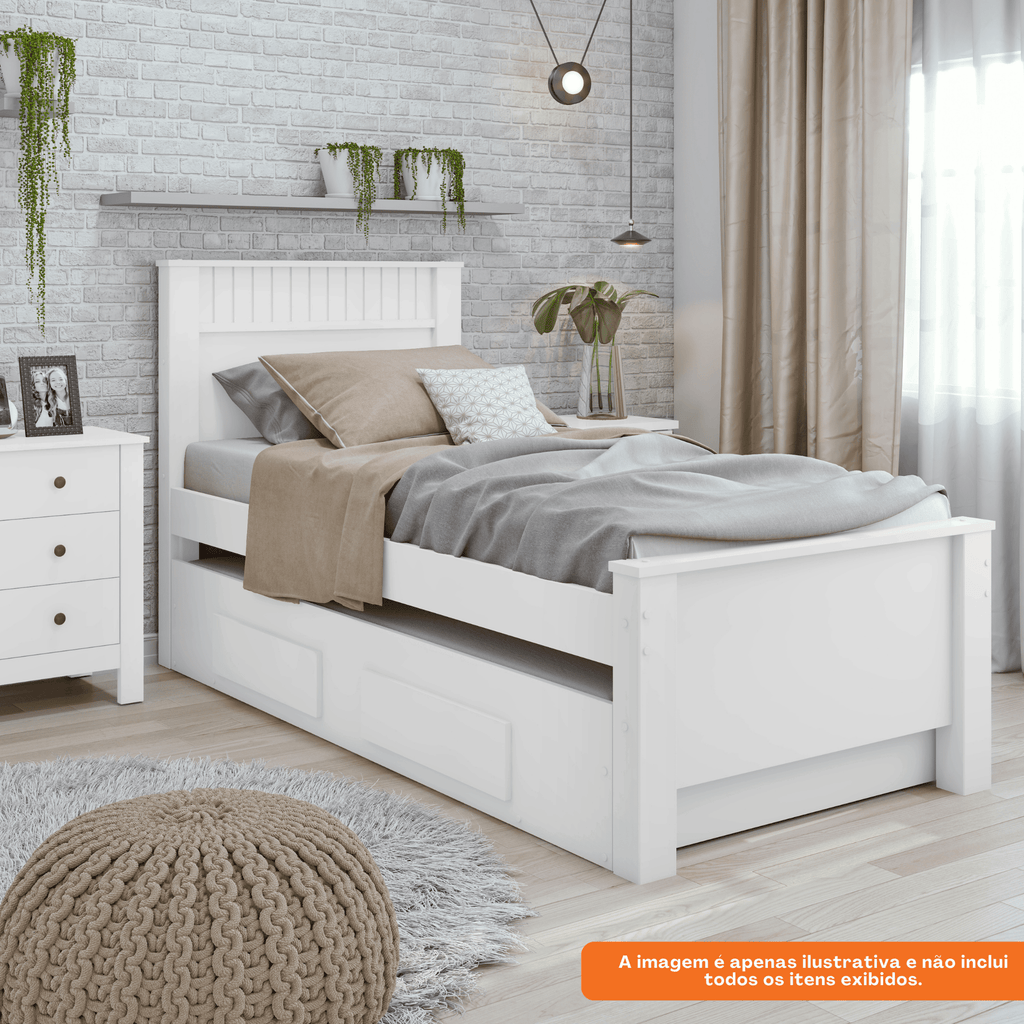 Cama Solteiro Bibox Athenas Lopas Cama Auxiliar e 2 Gavetas Branco