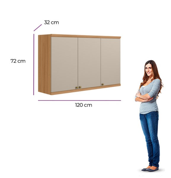 Armário Aéreo de Cozinha Selene Linea 100% MDF 3 Portas 120cm Jequitibá e Off White