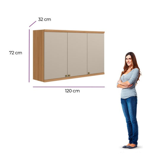 Armário Aéreo de Cozinha Selene Linea 100% MDF 3 Portas 120cm Jequitibá e Off White