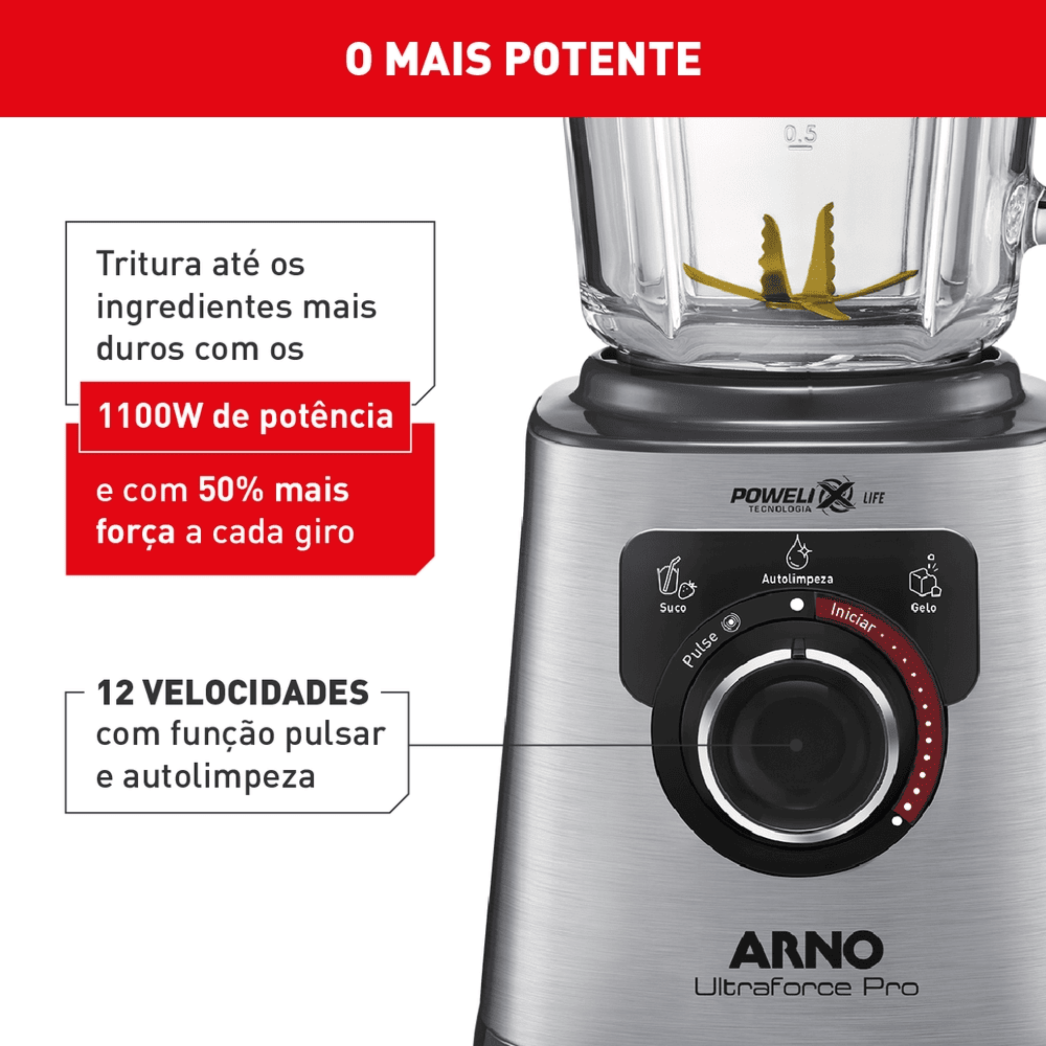 Liquidificador Arno 2L Ultraforce Pro LN93 Jarra em Vidro 1100W Inox 220V