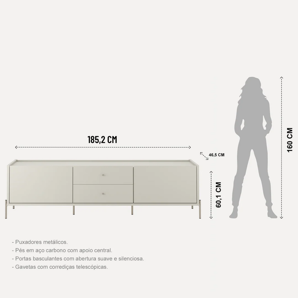 Rack Jasper Província 185cm 2 Portas e 2 Gavetas Off White Fosco com Champanhe