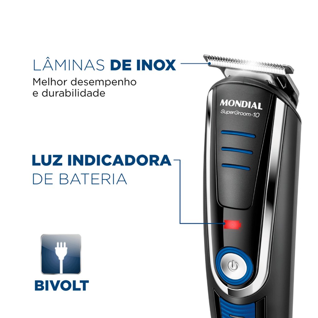Aparador de Pelos BG-03 Mondial Super Groom 10 em 1 Preto e Azul Bivolt