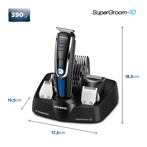 Aparador de Pelos BG-03 Mondial Super Groom 10 em 1 Preto e Azul Bivolt