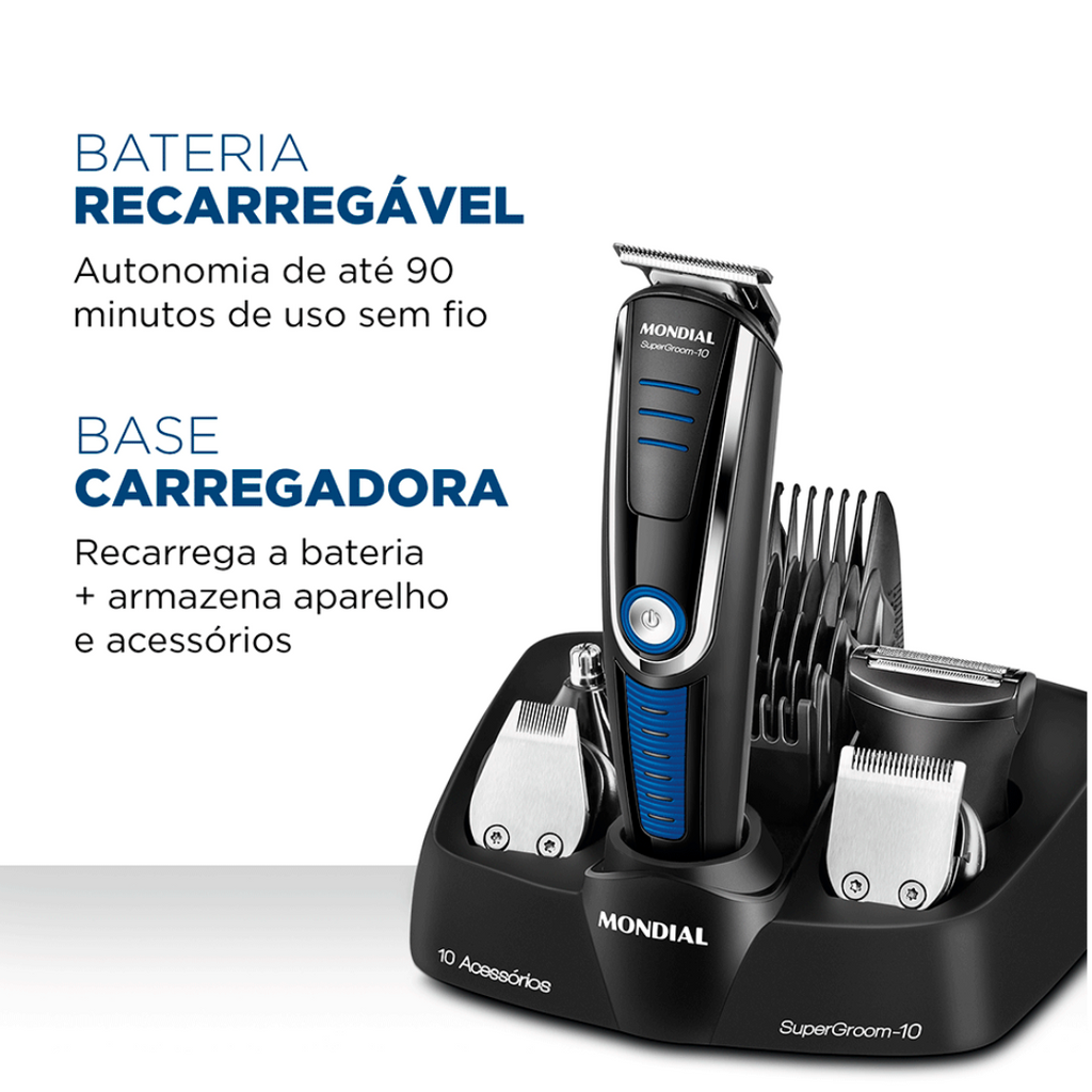 Aparador de Pelos BG-03 Mondial Super Groom 10 em 1 Preto e Azul Bivolt