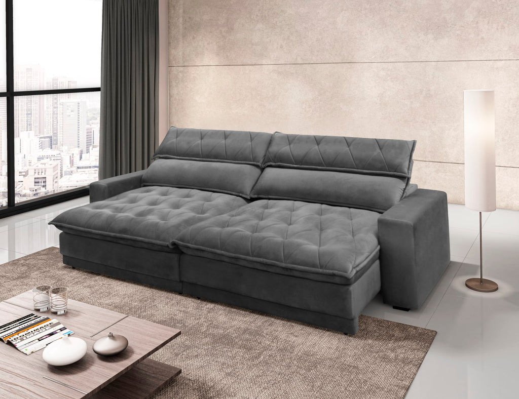 Sofá Albany 290cm Matielo 2 Assentos Retráteis com Encostos Reclináveis Veludo Cinza