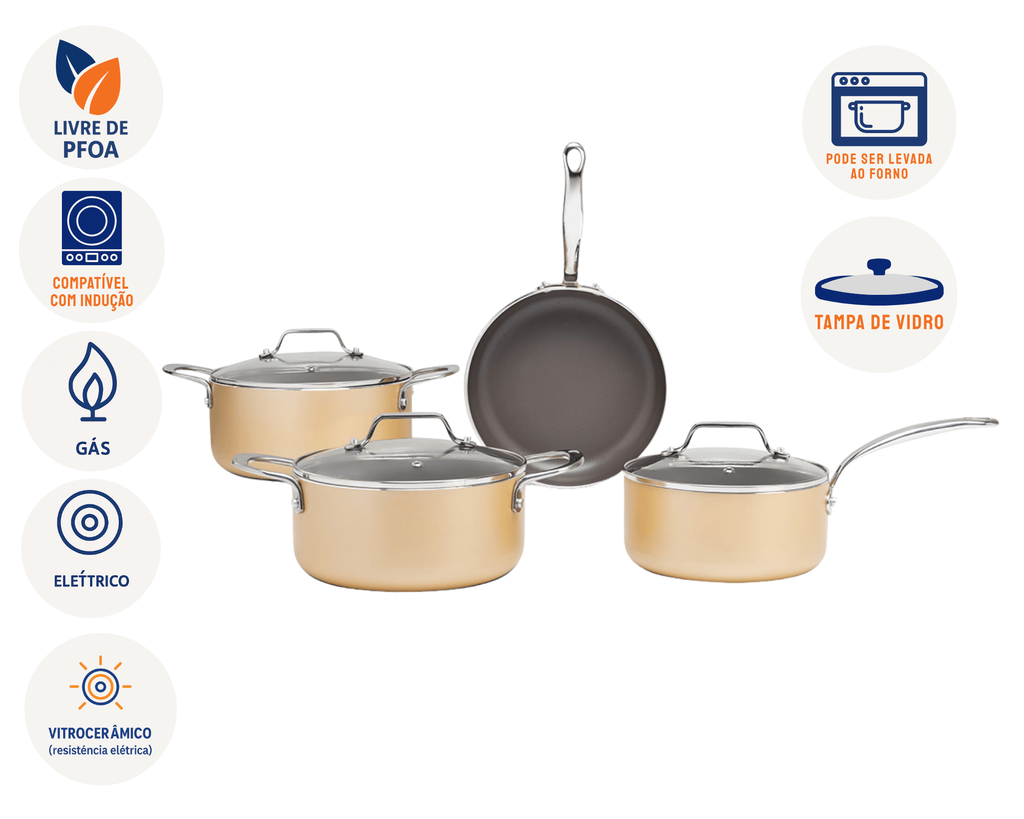 Jogo de Panelas Ceramic Life Brinox 4 peças Indução Life Coast Champanhe