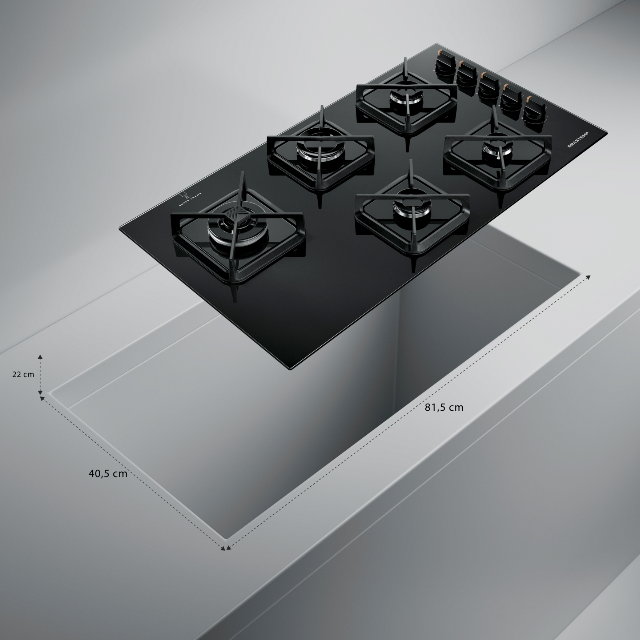 Cooktop à Gás Brastemp 5 Bocas BDS85AE Grades em Ferro Fundido Vidro Preto Bivolt