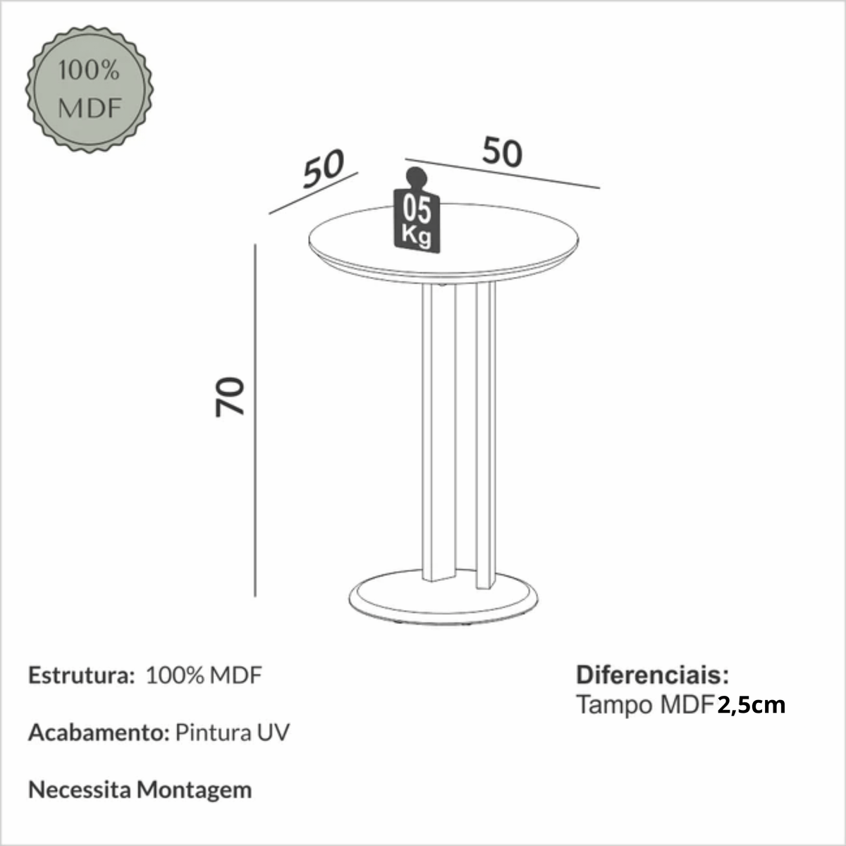 Mesa de Apoio TB640 Dalla Costa 50cm 100% MDF Carvalho Rosé