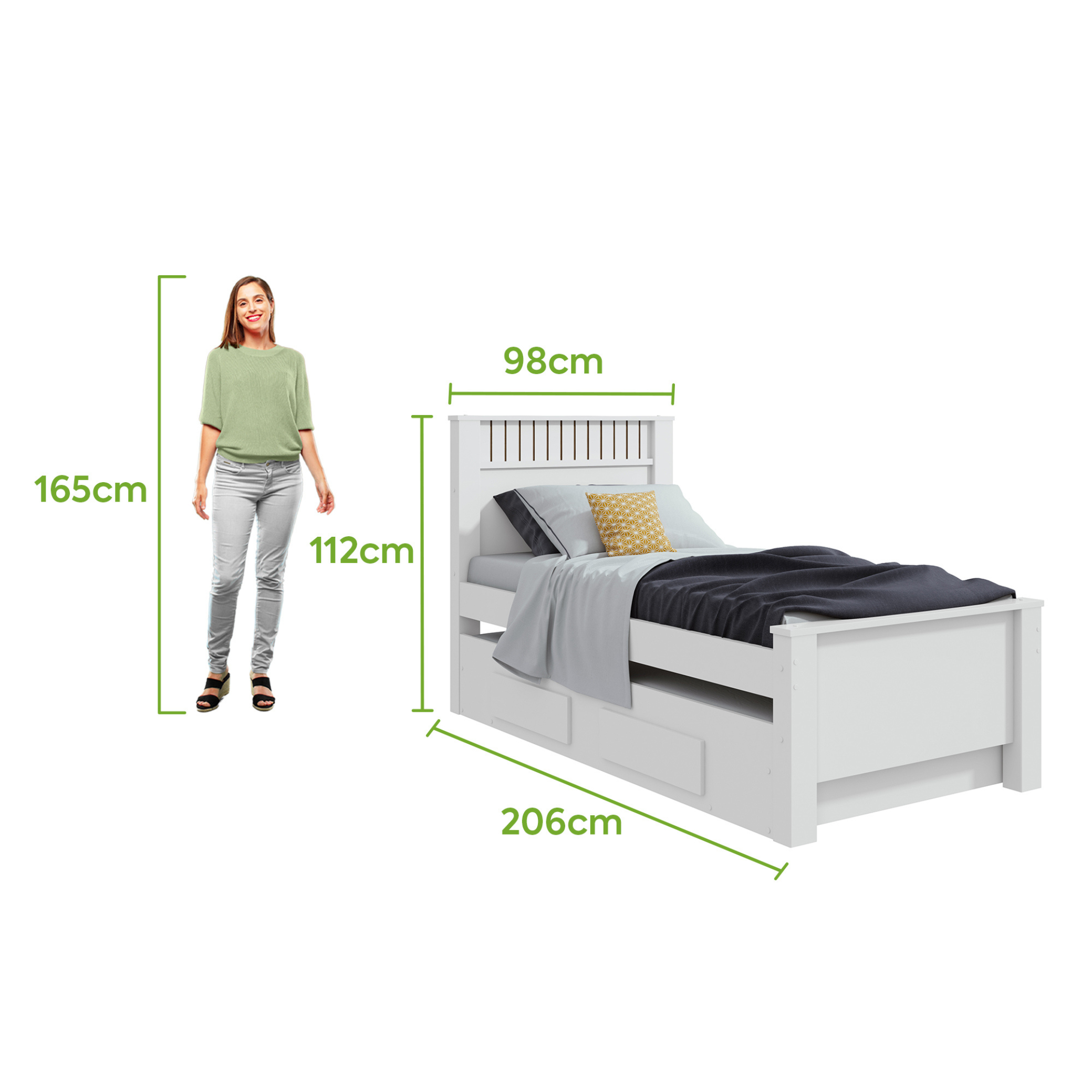 Cama Solteiro Bibox Athenas Lopas Cama Auxiliar e 2 Gavetas Branco