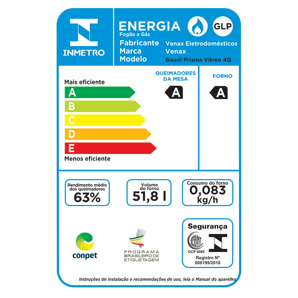 Fogão 4 Bocas Venax de Embutir Gaudi Prisma Vitreo Grades Individuais Preto Bivolt