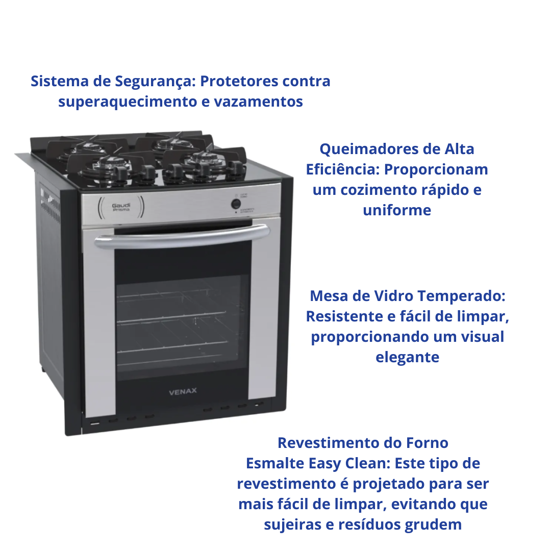 Fogão 4 Bocas Venax de Embutir Gaudi Prisma Vitreo Grades Individuais Inox Bivolt