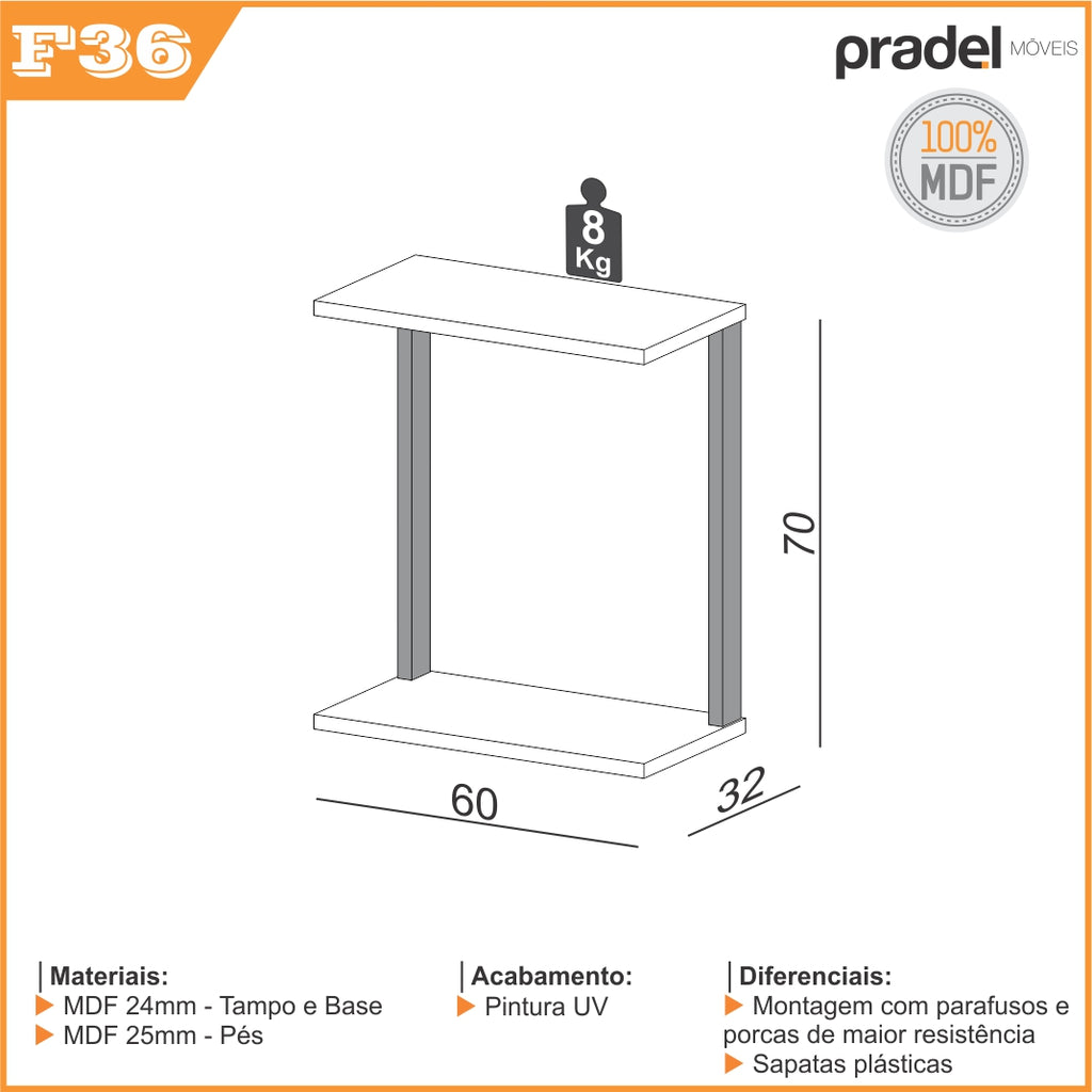 Mesa de Apoio para Sofá Dalla Costa F36 100% MDF Freijó e Preto Fosco