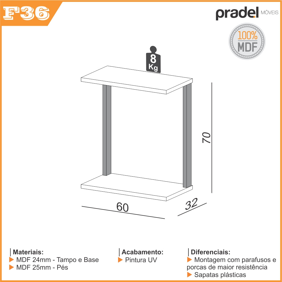 Mesa de Apoio para Sofá Dalla Costa F36 100% MDF Freijó e Preto Fosco