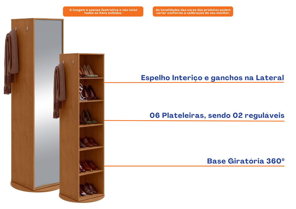 Sapateira Esthela Giratória Lopas 65x187cm com Espelho  Amêndoa Clean