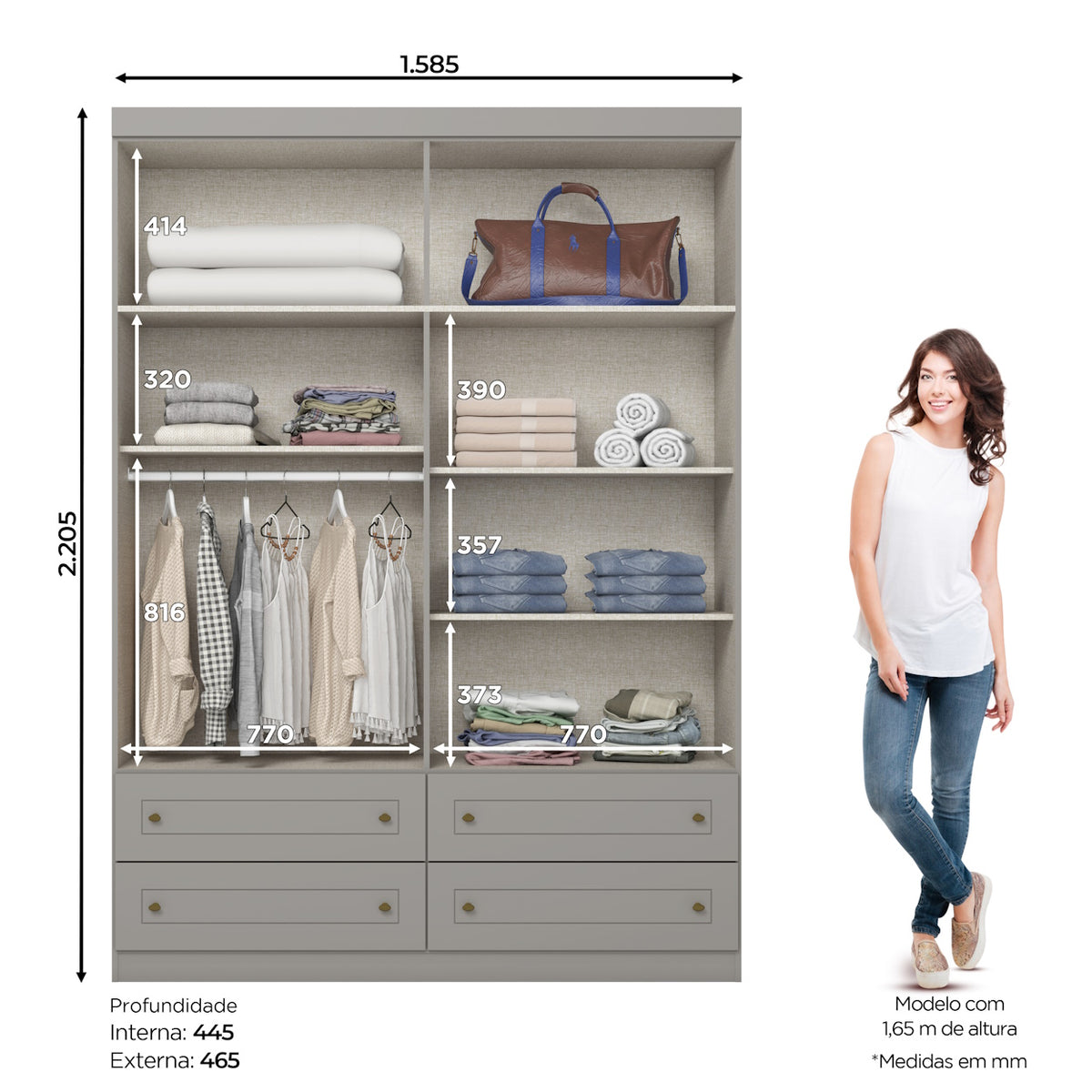 Roupeiro Americano Henn 159cm 4 Portas 4 Gavetas Cinza