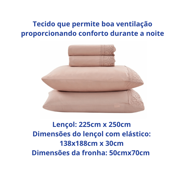 Jogo de  Roupa de Cama Casal  4 Peças  Hedrons Toque de Algodão Rendas  Rosa Tule