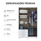 Roupeiro Caju Henn 121cm 4 Portas 3 Gavetas com Pé Branco