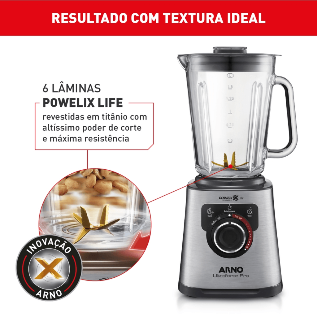 Liquidificador Arno 2L Ultraforce Pro LN93 Jarra em Vidro 1100W Inox 220V