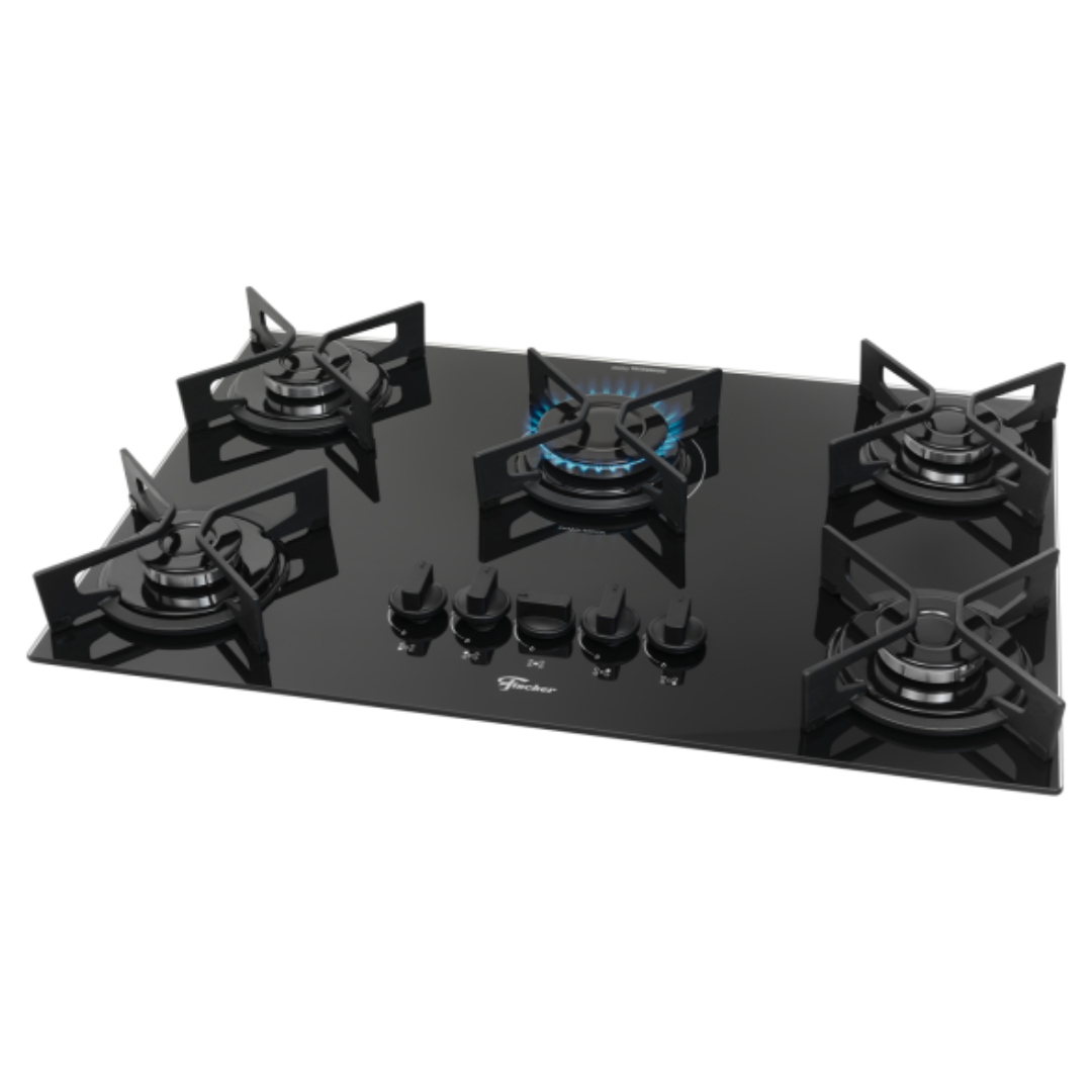 Cooktop a Gás Fischer 5 Bocas Fit Line Trempe Iron Vidro Preto Bivolt