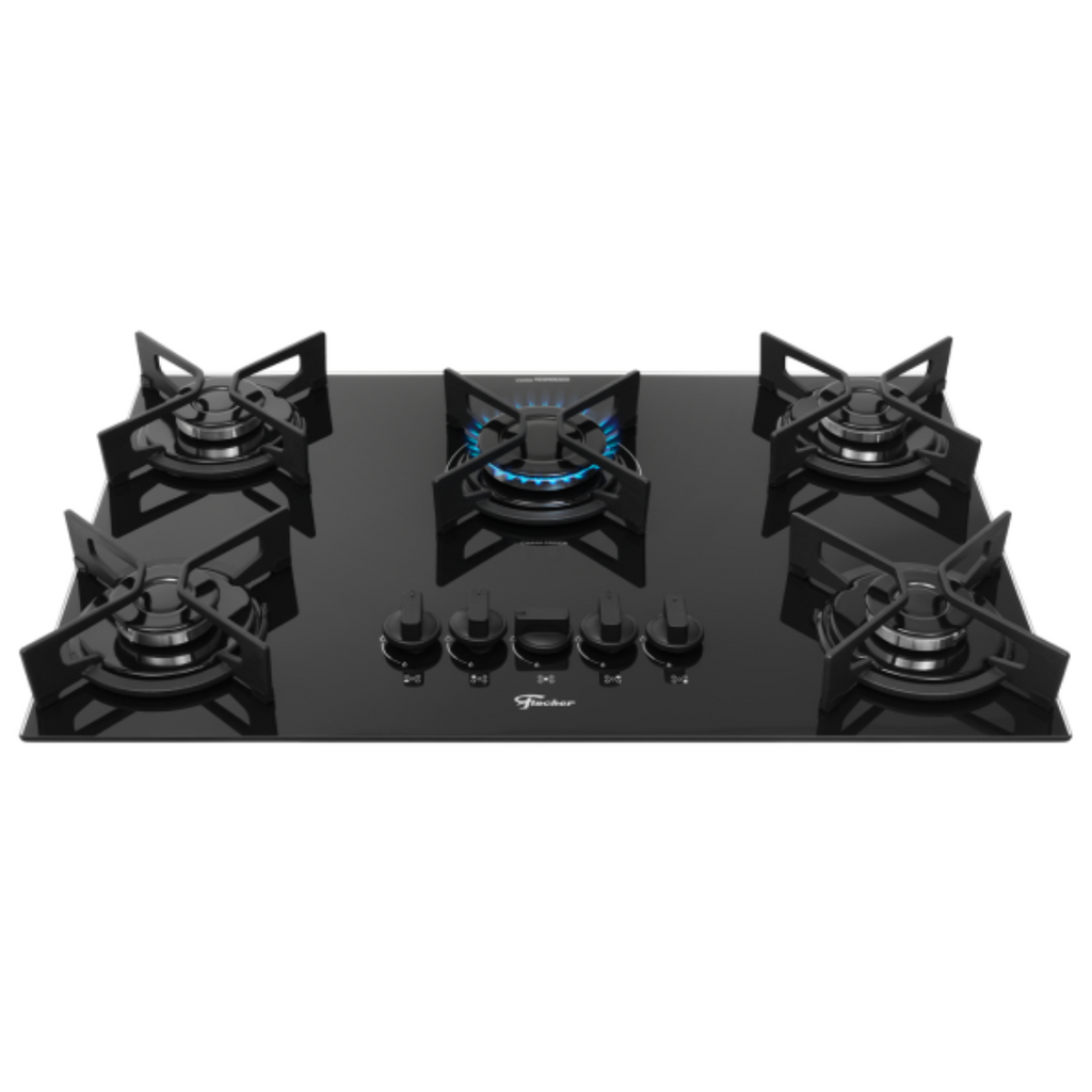 Cooktop a Gás Fischer 5 Bocas Fit Line Trempe Iron Vidro Preto Bivolt