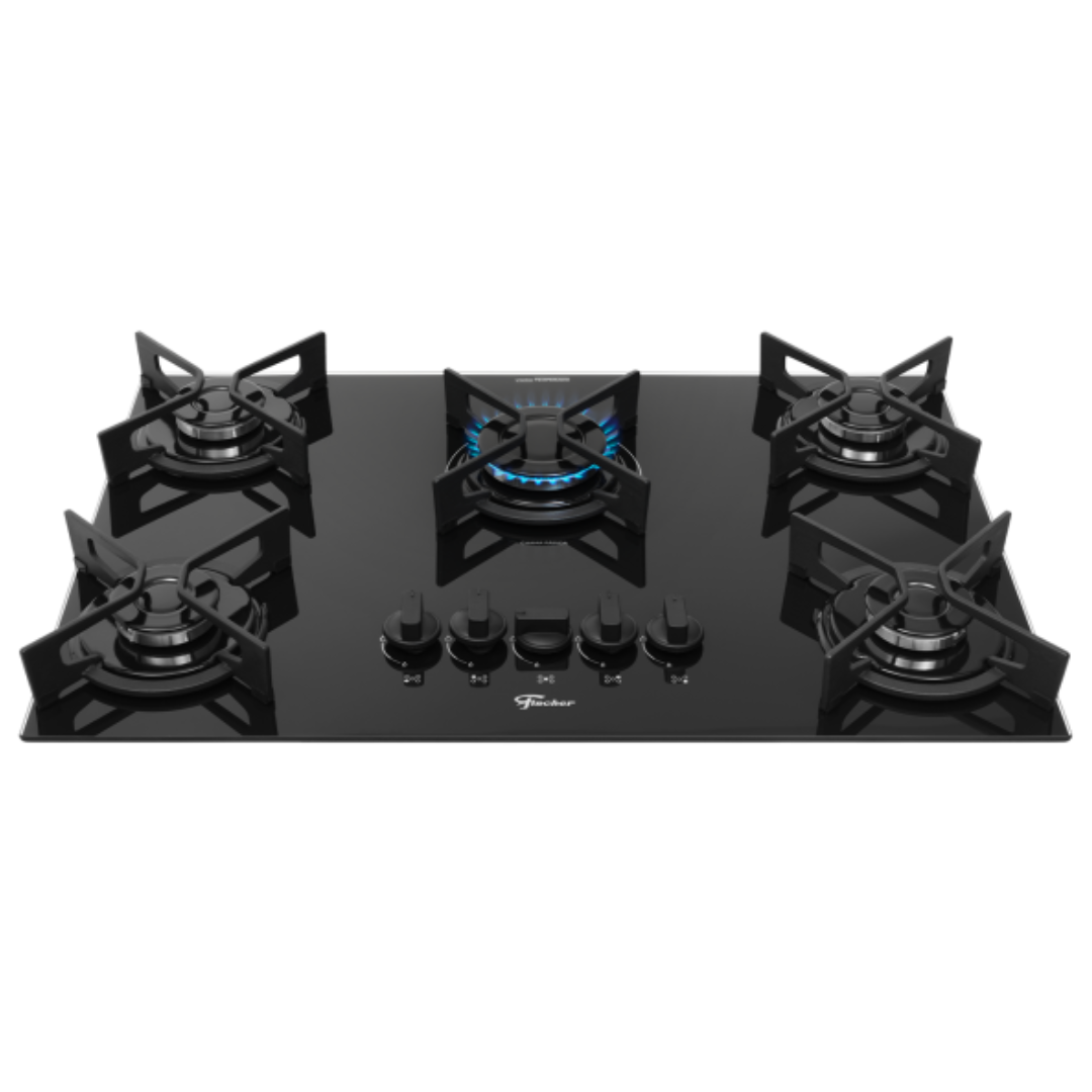 Cooktop a Gás Fischer 5 Bocas Fit Line Trempe Iron Vidro Preto Bivolt