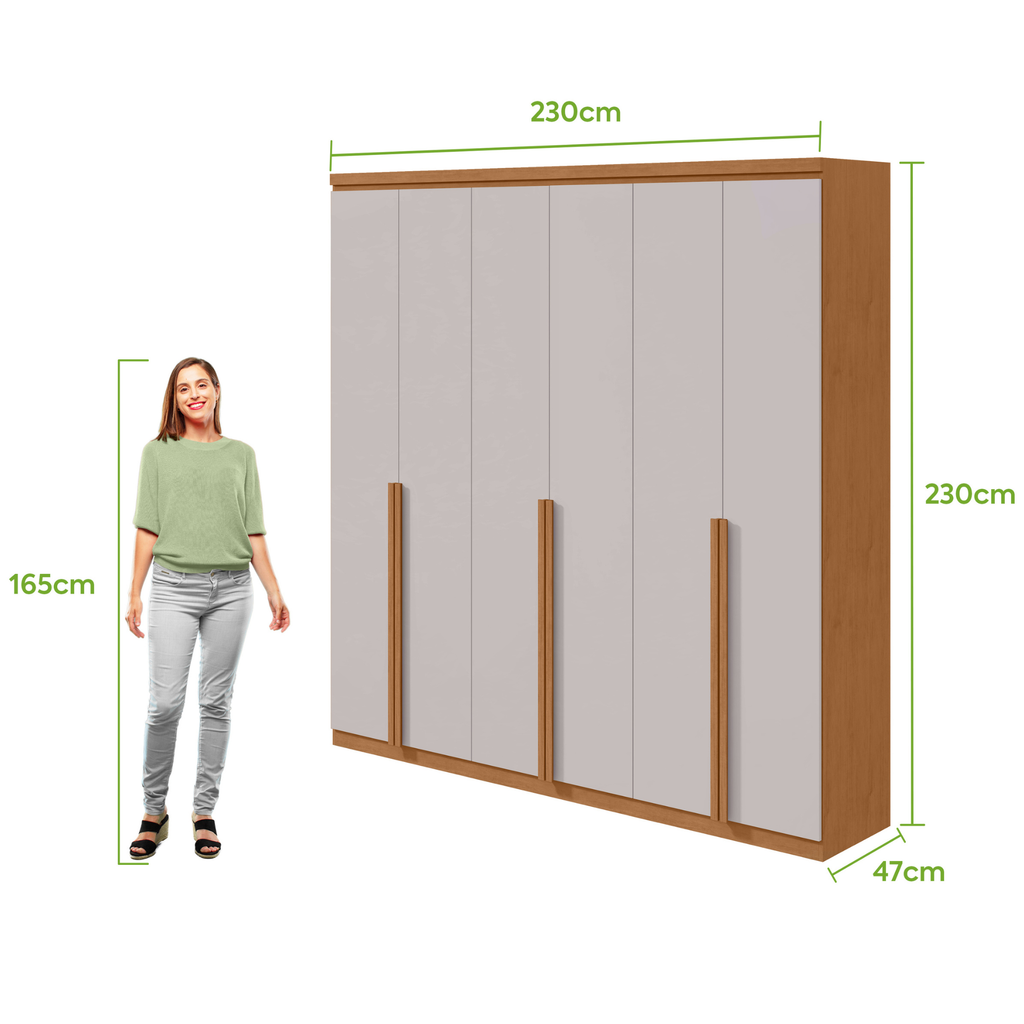 Roupeiro Alonzo Lopas 231cm 6 Portas com Puxador em Madeira Amêndoa e Off White