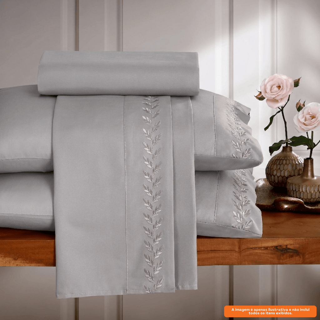 Jogo de Roupa de Cama Casal 4 Peças Hedrons Toque de Algodão Bordado Chloe Cinza Cromo