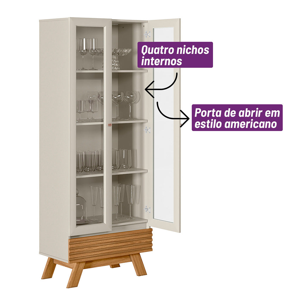Cristaleira Línea Marsala Retrô 71cm 2 Portas Vidro e 1 Gaveta Nature/Off White