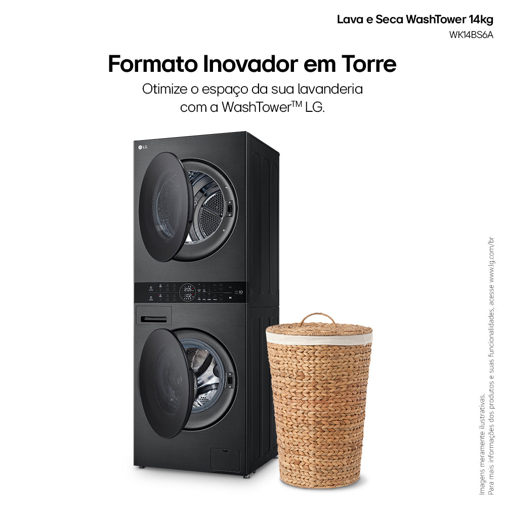 Lavadora e Secadora 14kg LG Torre WashTower AI DD Smart Black Inox 220V