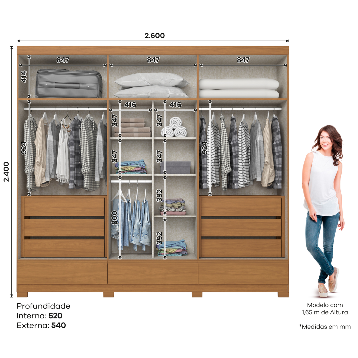 Roupeiro Imperial Henn 100% MDF 260cm 6 Portas 3 Gavetas Cinamomo