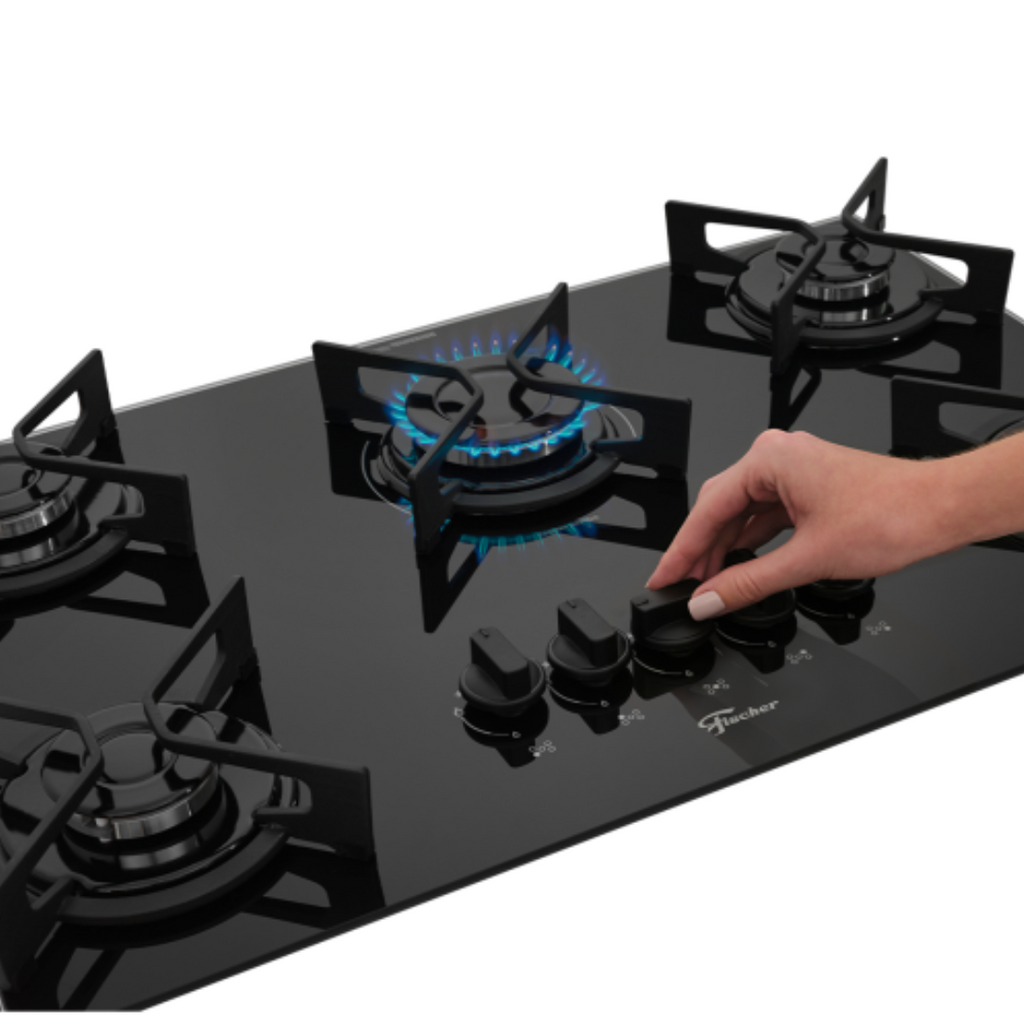 Cooktop a Gás Fischer 5 Bocas Fit Line Trempe Iron Vidro Preto Bivolt