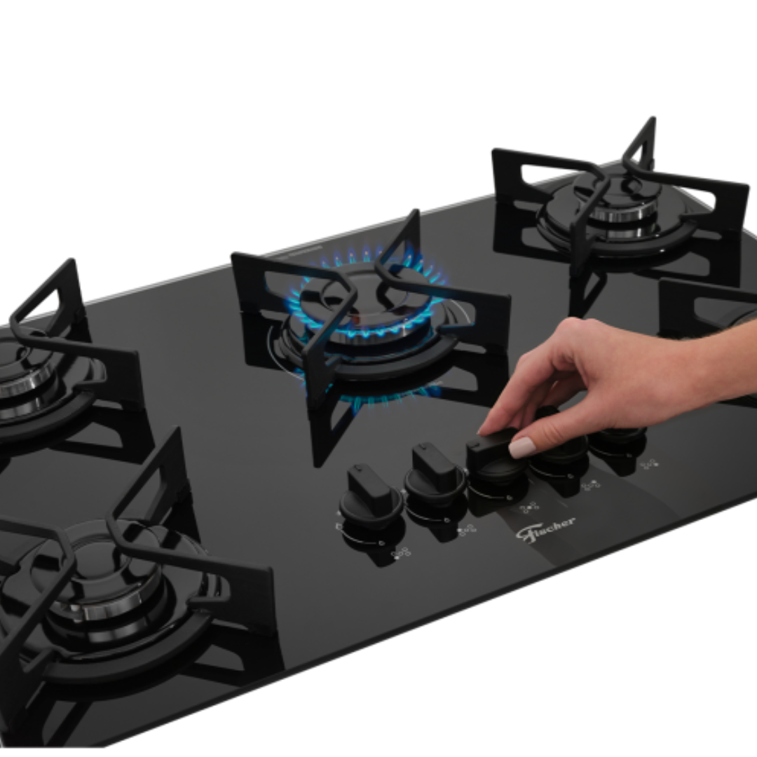 Cooktop a Gás Fischer 5 Bocas Fit Line Trempe Iron Vidro Preto Bivolt