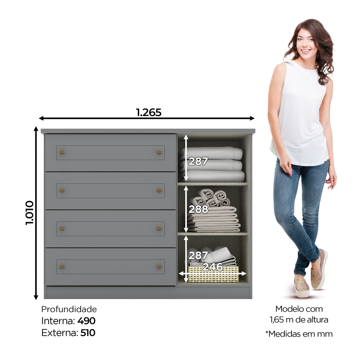 Cômoda Americana Henn 4 Gavetas 1 Porta Cinza
