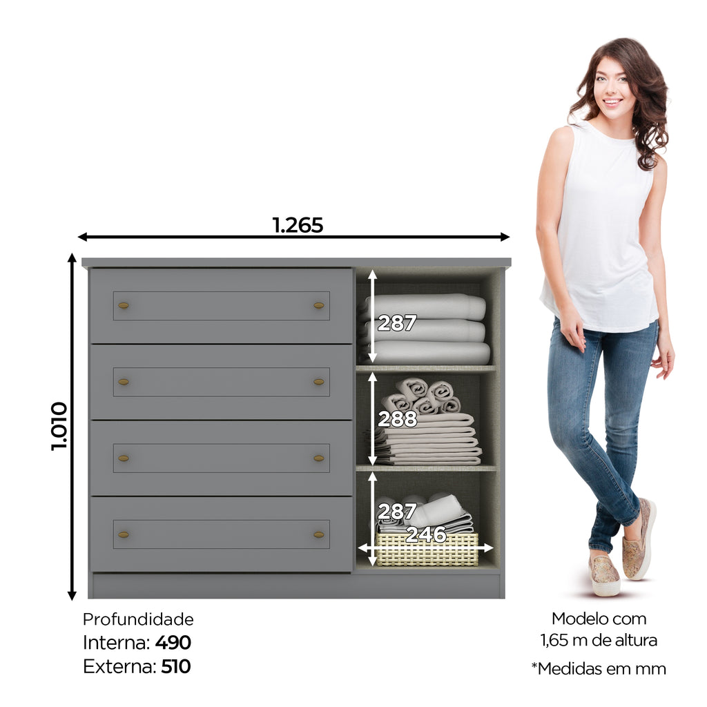 Cômoda Americana Henn 4 Gavetas 1 Porta Cinza