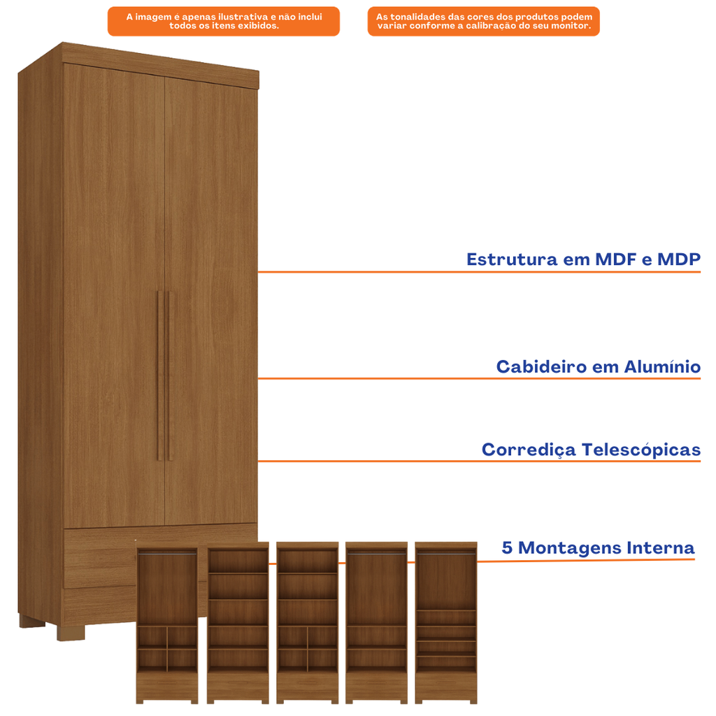 Roupeiro Smart Plus Rodial 85cm 2 Portas e 1 Gaveta Cinamomo