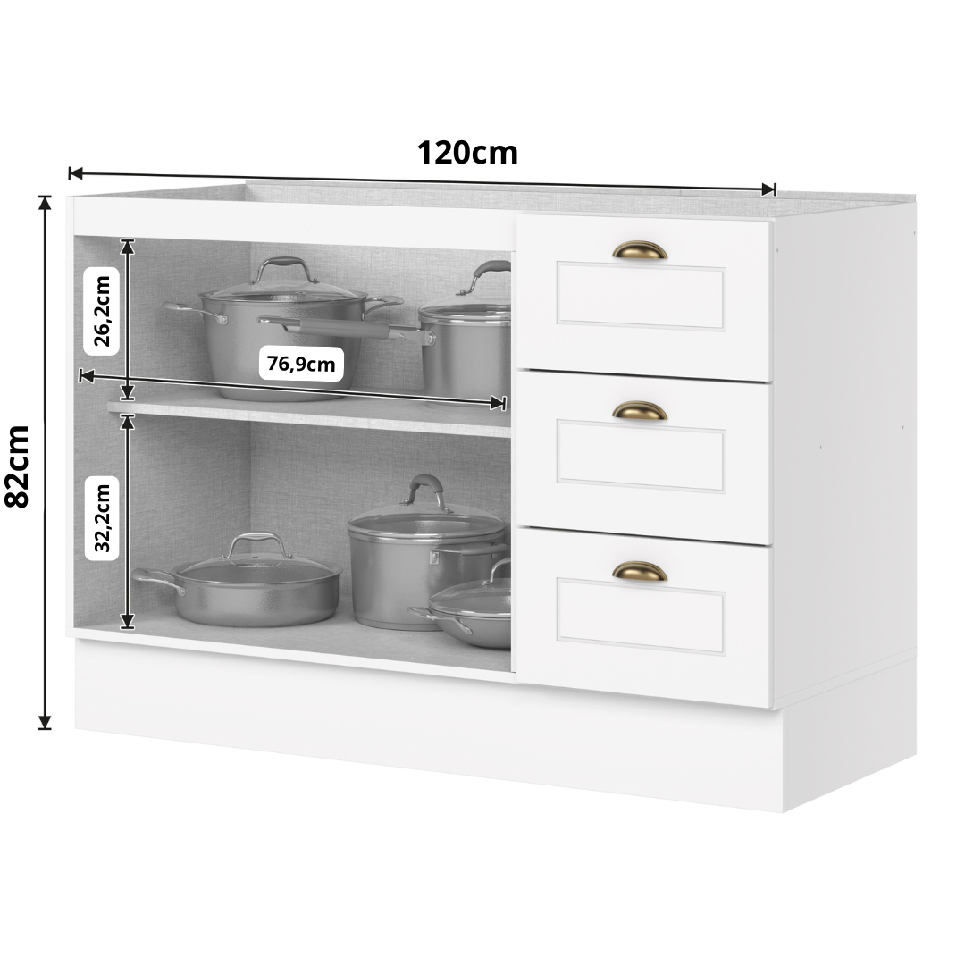 Balcão de Cozinha Americana Henn 100% MDF 2 Portas 3 Gavetas 120cm Branco HP