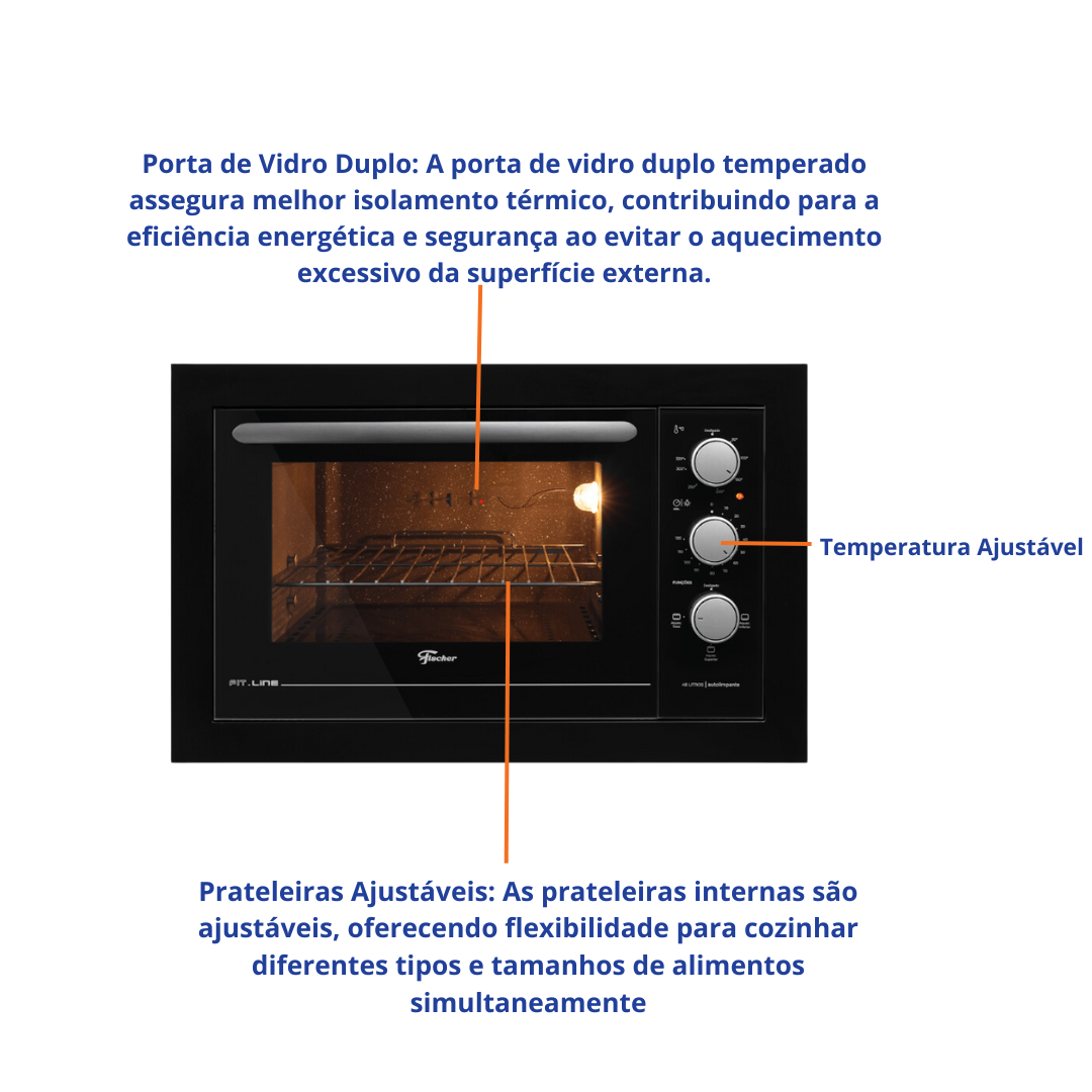 Forno de Embutir Elétrico Fischer 48L Fit Line Preto 220V