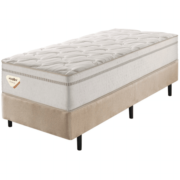 Conjunto Cama Box High Spring Linen Solteiro Queen Ecoflex 96x203x58cm Molas Superlastic Bege